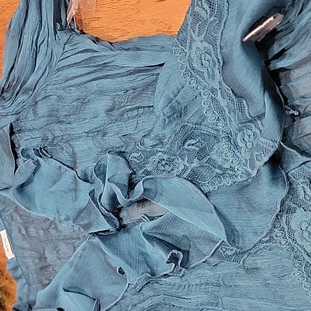 Marshall Rousso Teal Ruffle Button Down Blouse - Picture 11 of 13